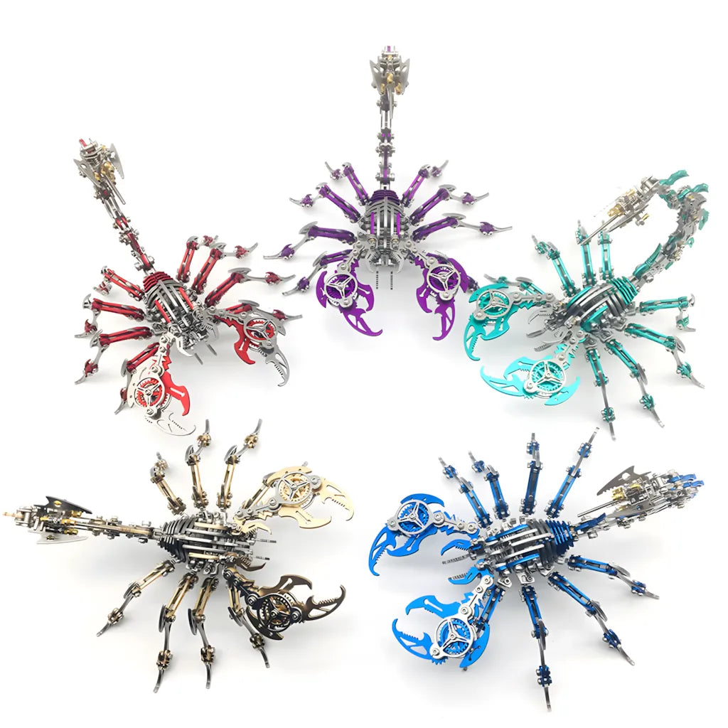 A lineup showcasing multiple color options (red, purple, teal, gold, blue) for the mechanical scorpion model kit