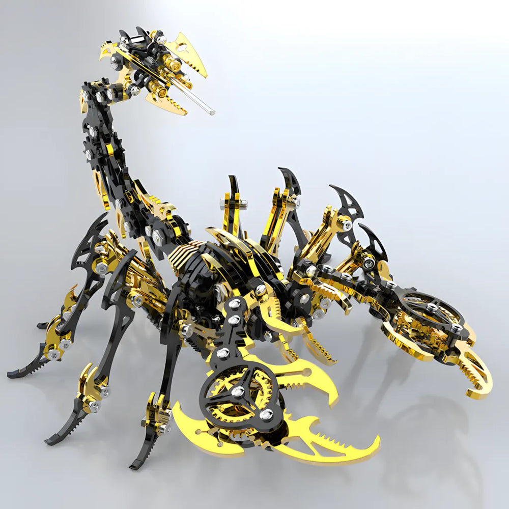Side profile view of the scorpion figurine in black and gold, highlighting the contrast between the colors and the articulated legs