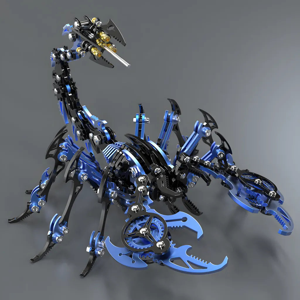 Dynamic angled view of the Mechanical Scorpion Model Kit in blue and black, showcasing the heavy-duty claws and tail