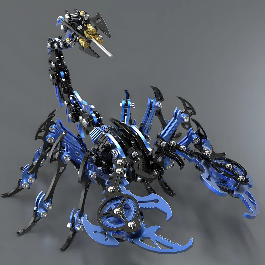 The blue and black Mechanical Scorpion in a low, ready stance, highlighting the gear-plate claws and the metallic body