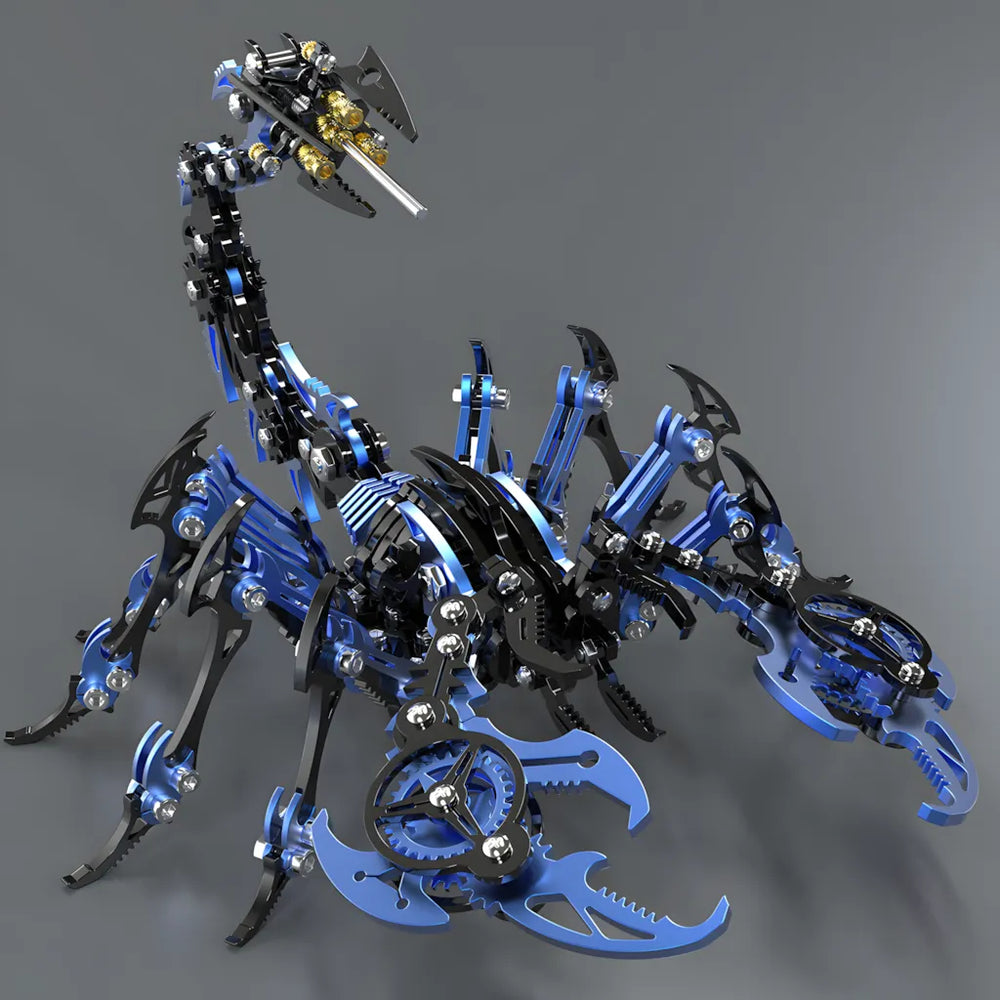 The blue and black Mechanical Scorpion in a low, ready stance, highlighting the gear-plate claws and the metallic body