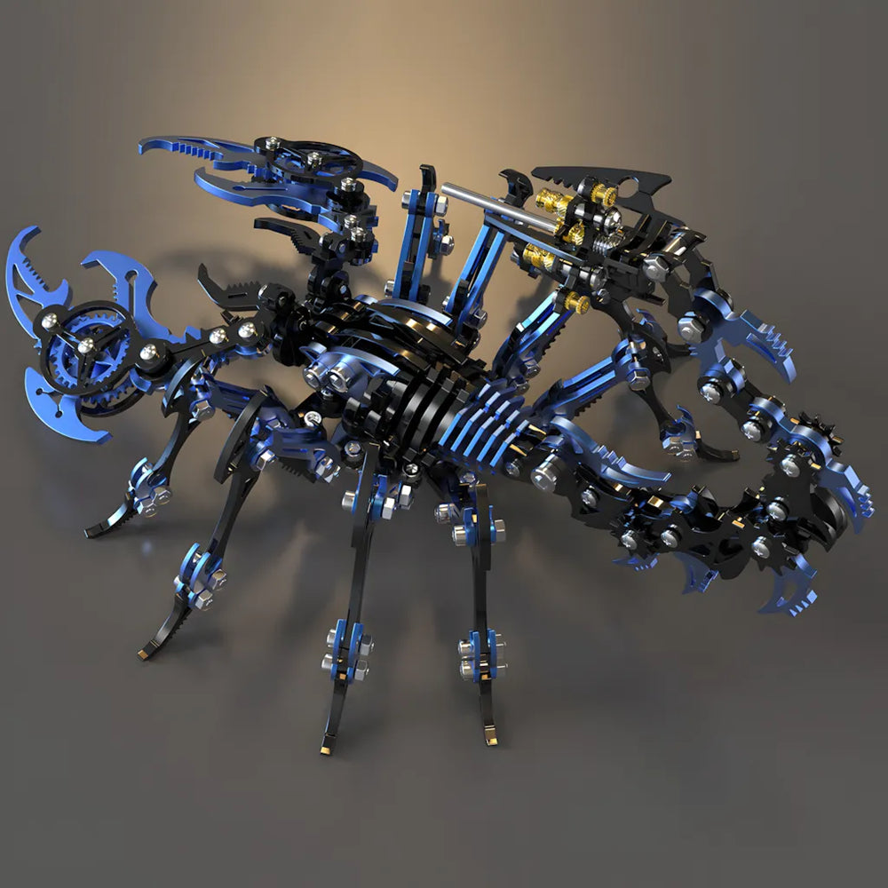 Top-down view of the blue and black scorpion statue, emphasizing its mechanical armor and wide stance