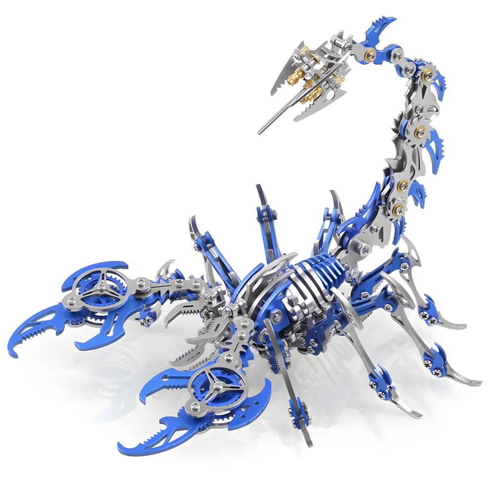 The scorpion model kit in a bright blue color variant, emphasizing the contrast with the silver metal body and the scorpion art aesthetic
