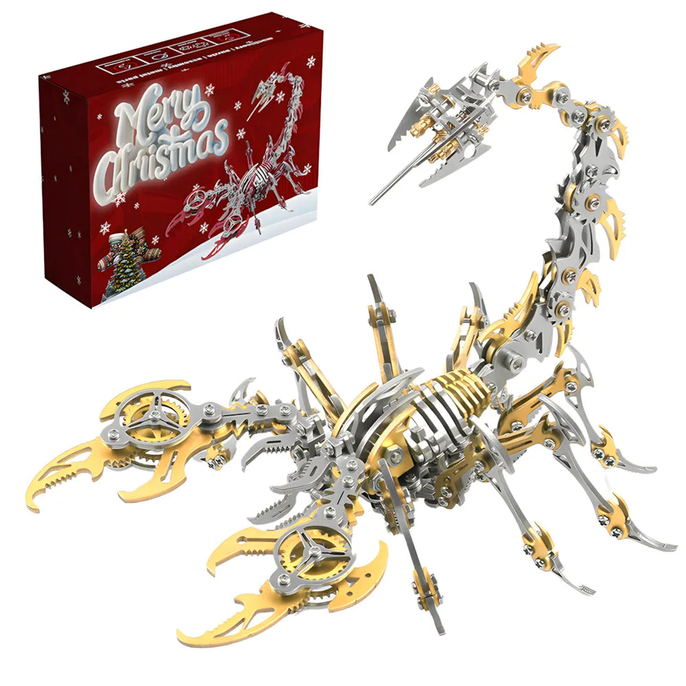 The golden mechanical scorpion displayed next to its ""Merry Christmas"" retail packaging, positioning it as a high-value gift