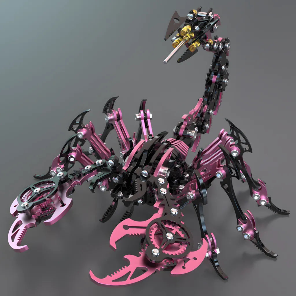 Front view of the Steampunk 3D Metal Puzzle in a vibrant pink and black color scheme, designed as scorpion art
