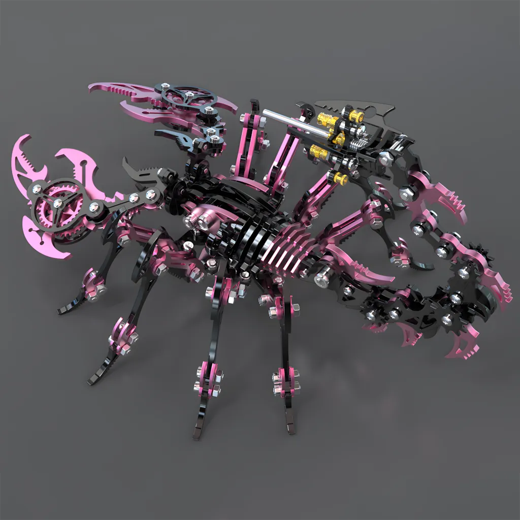 Side profile of the pink and black Mechanical Scorpion, showing the contrast between the glossy pink metal and the matte black armor