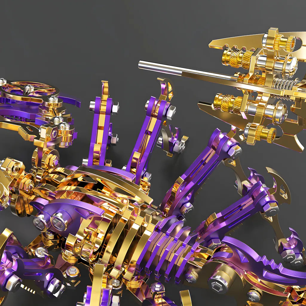 Macro close-up of the purple and gold scorpion's exoskeleton, detailing the PVD plating and the intricate segmented joints