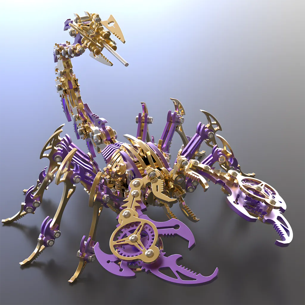 Side profile of the mechanical scorpion in purple and gold, showcasing the segmented body and detailed tail mechanism