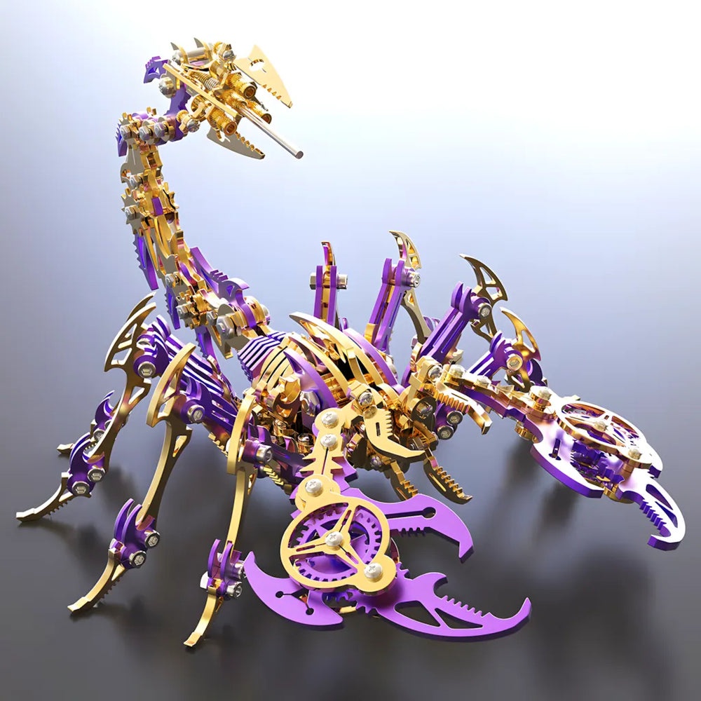 The Steampunk 3D Metal Puzzle in purple and gold, posed aggressively to highlight the gear-plate claws