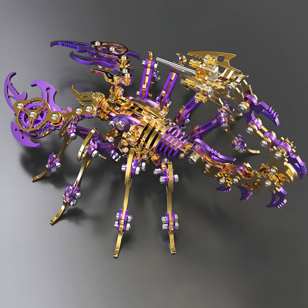 Top-down view of the Mechanical Scorpion 'Chrono' in purple and gold PVD plating, emphasizing the articulated legs and the clockwork spine