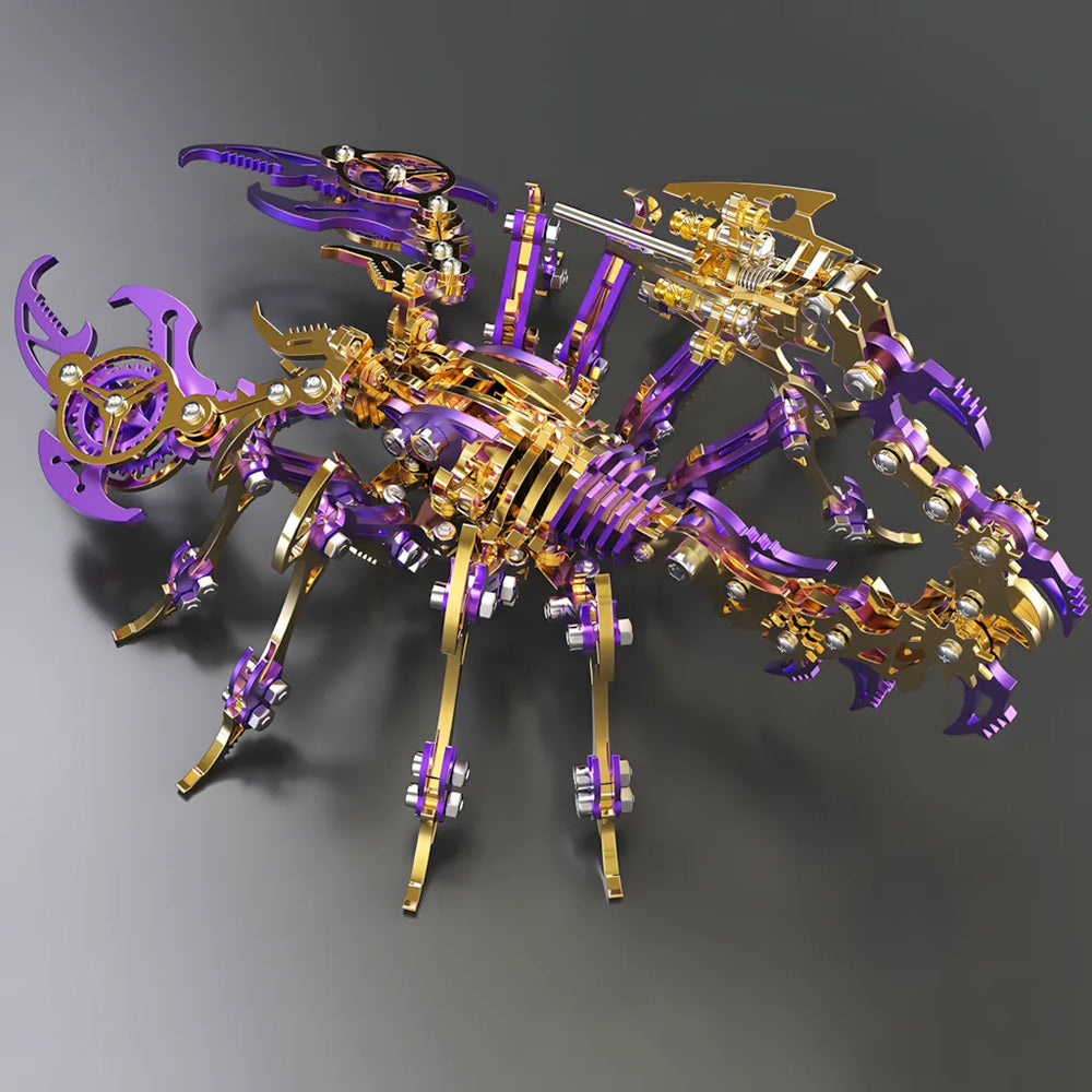 Top-down view of the Mechanical Scorpion 'Chrono' in purple and gold PVD plating, emphasizing the articulated legs and the clockwork spine
