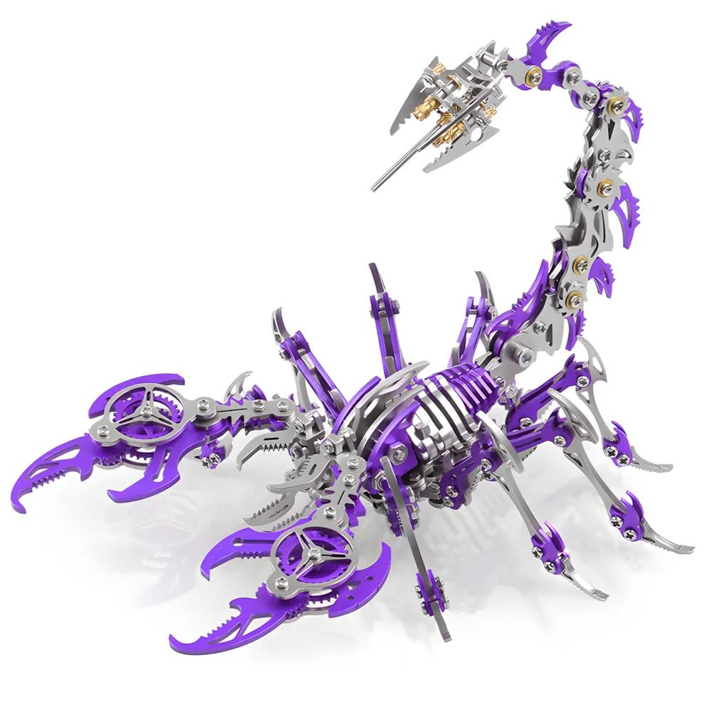 Assembled mechanical scorpion model kit in striking purple and silver, a steampunk 3D metal puzzle, shown on a white background