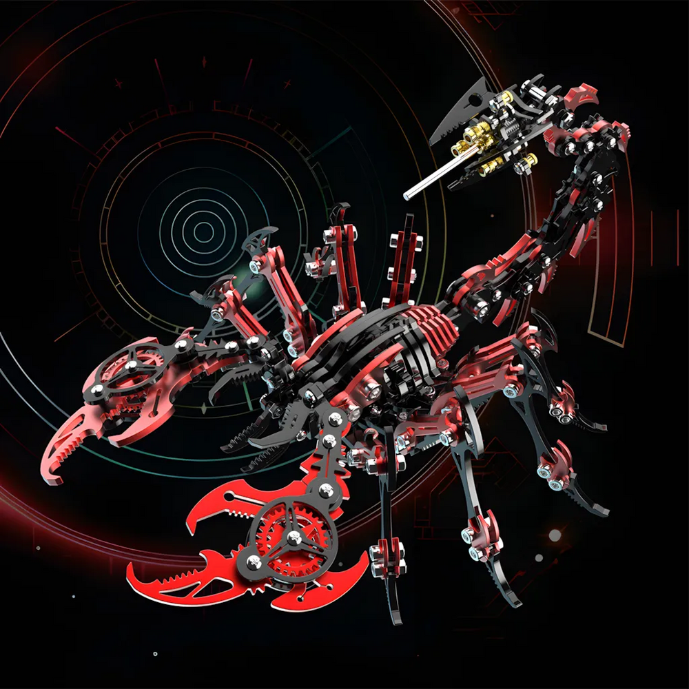 The scorpion art model in red and black, displayed against a dynamic, futuristic/cyberpunk background, emphasizing its modern design
