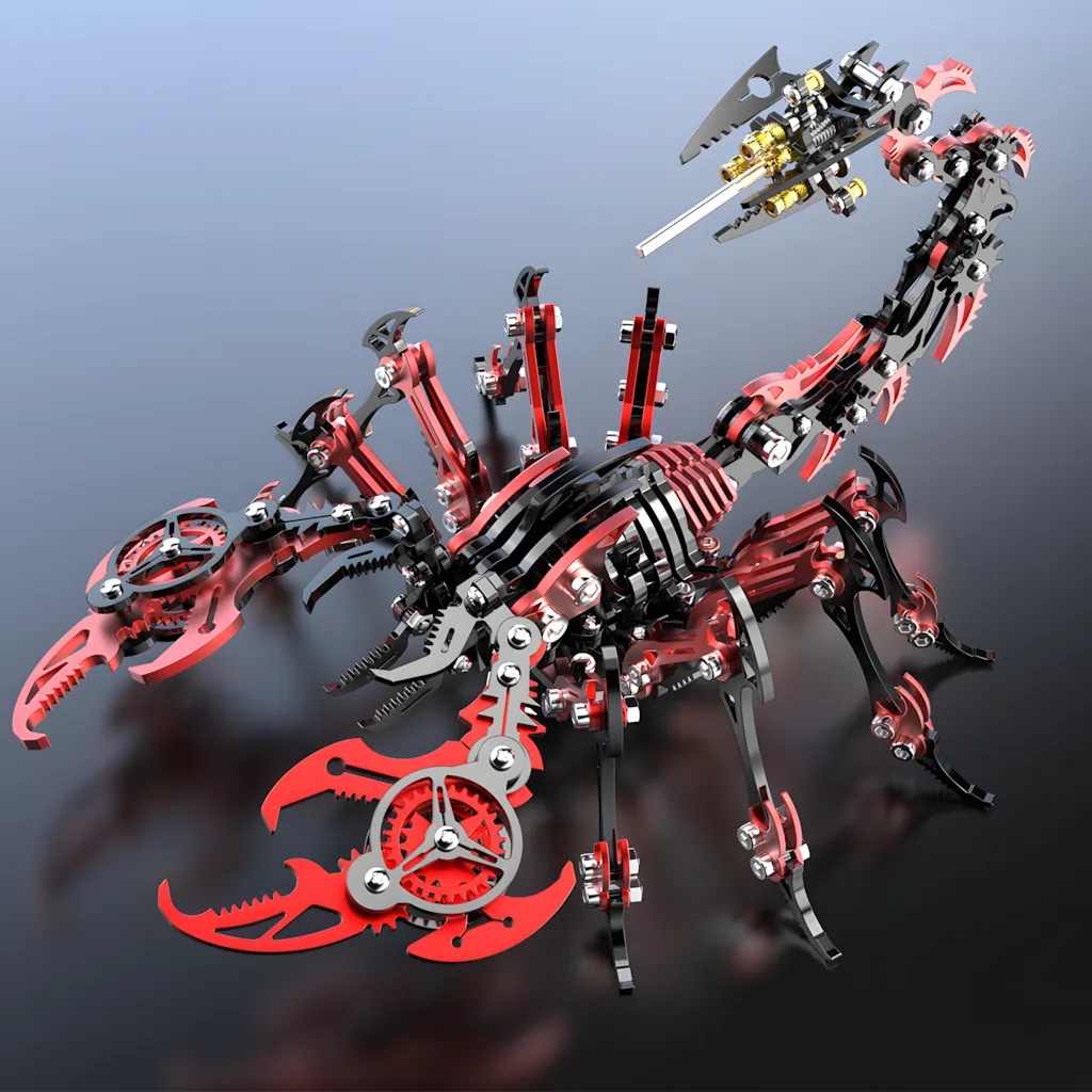 The Mechanical Scorpion in a bold red and black color scheme, posed and ready to strike on a grey background