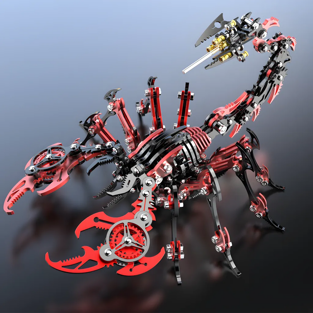 The Mechanical Scorpion in a bold red and black color scheme, posed and ready to strike on a grey background