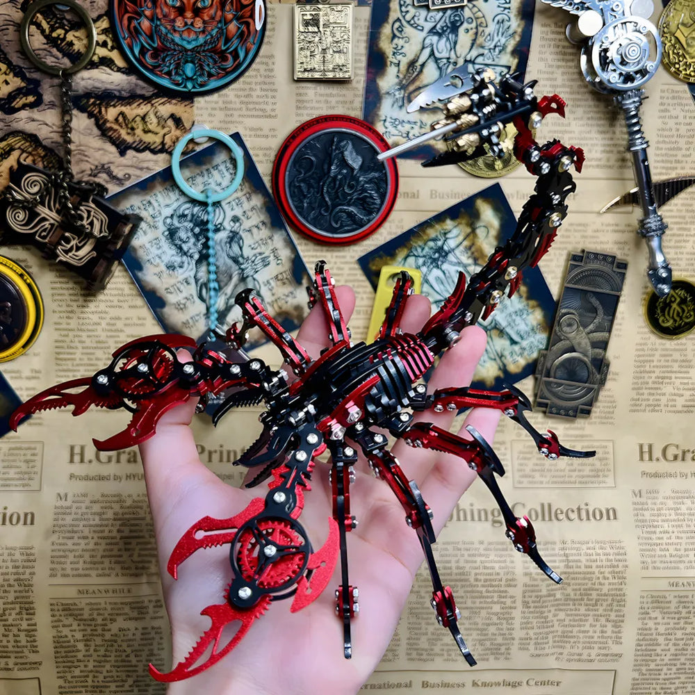 The red and black mechanical scorpion held in a human hand, surrounded by themed background elements, providing a clear sense of scale