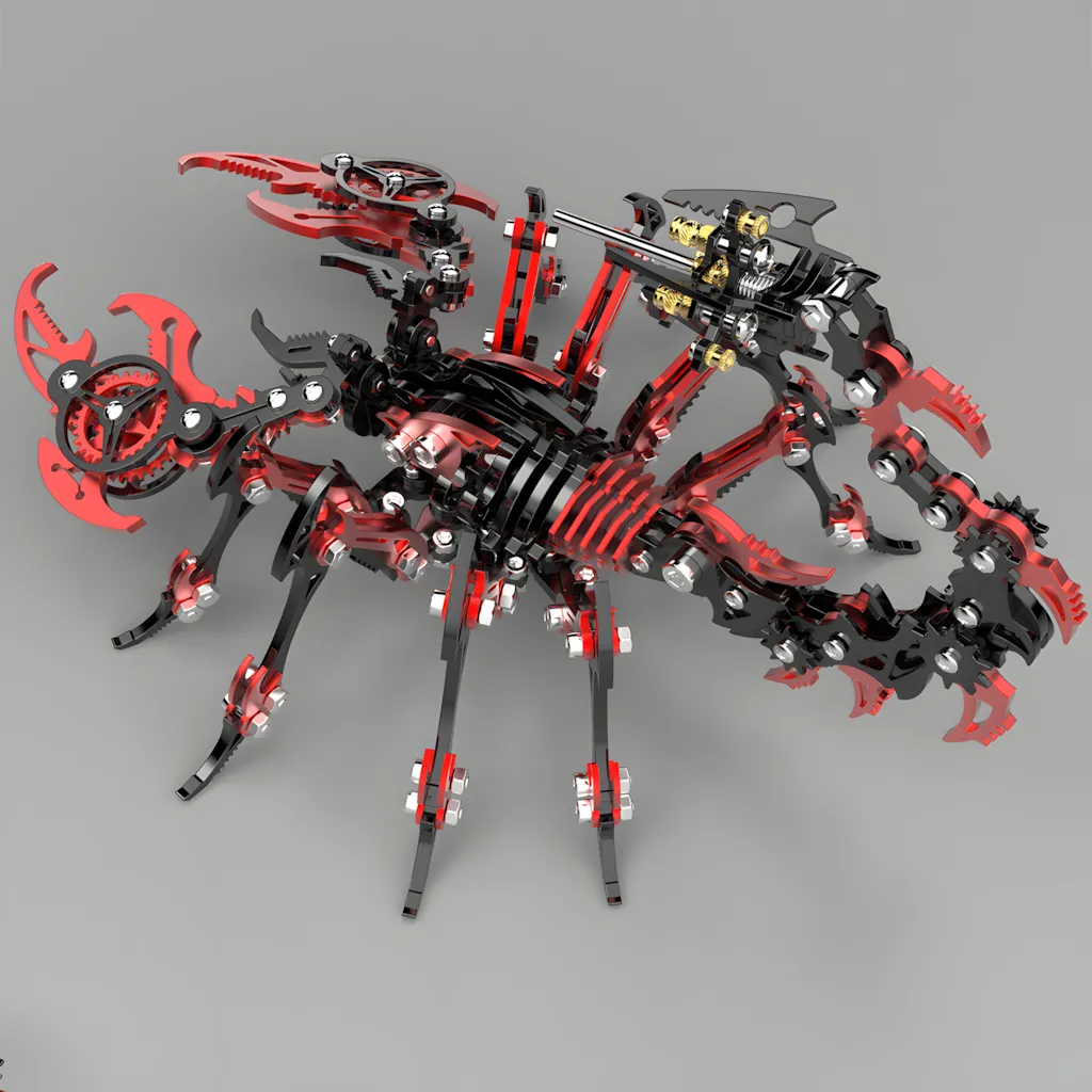 Top-down view of the red and black scorpion model kit, showcasing the full structure and colored armor plates