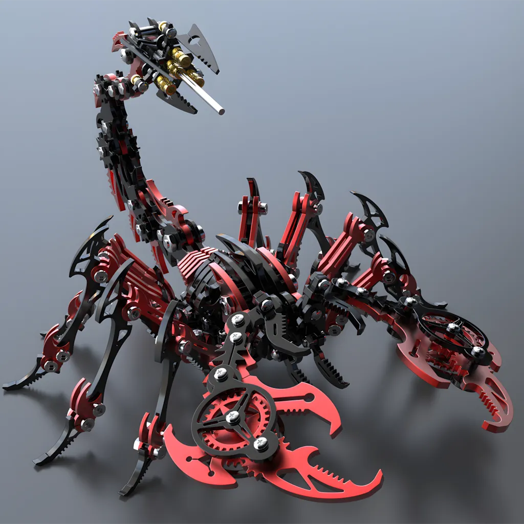 The Mechanical Scorpion in a black and red color variant, posed dynamically on a grey surface, emphasizing the mechanical complexity