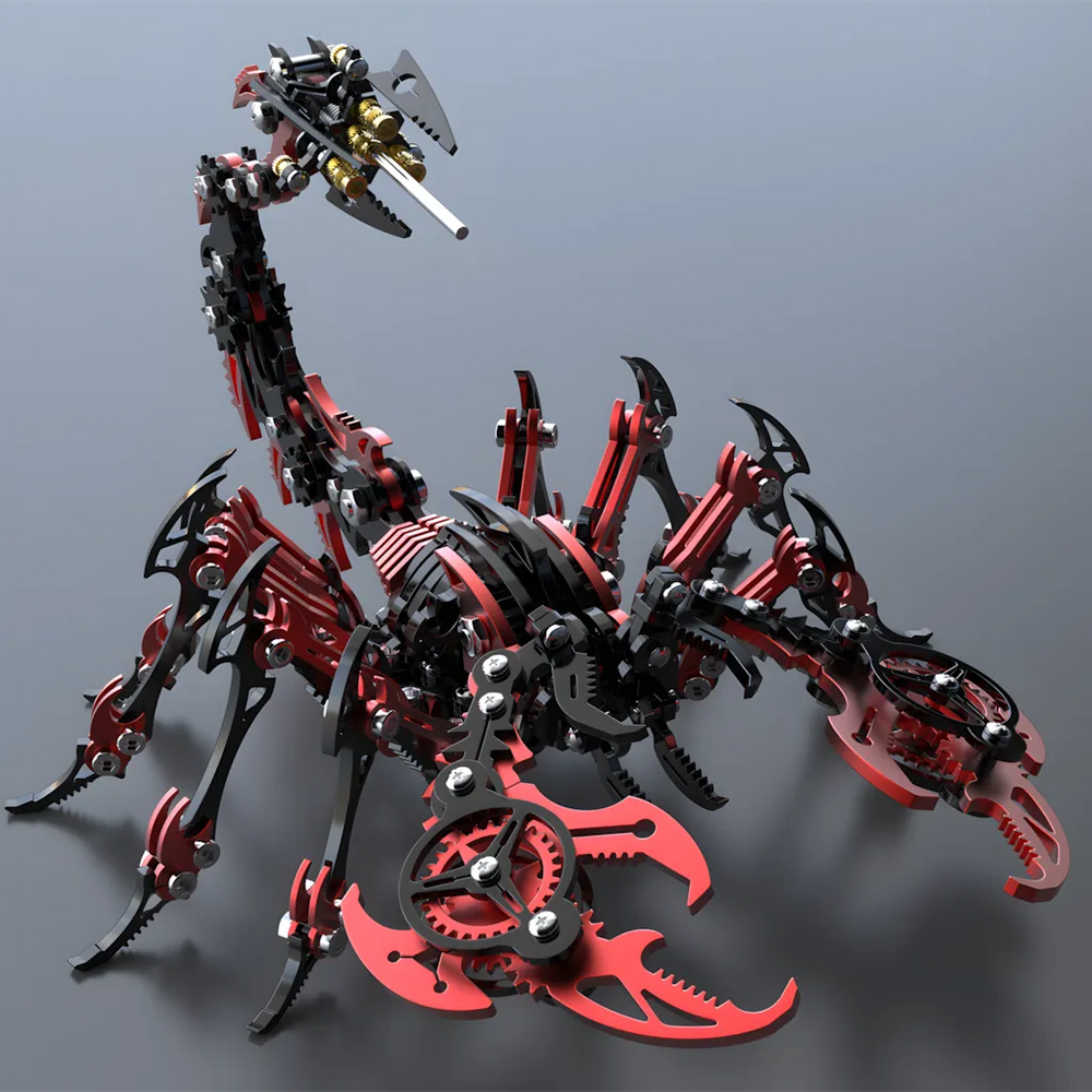 The Mechanical Scorpion in a black and red color variant, posed dynamically on a grey surface, emphasizing the mechanical complexity