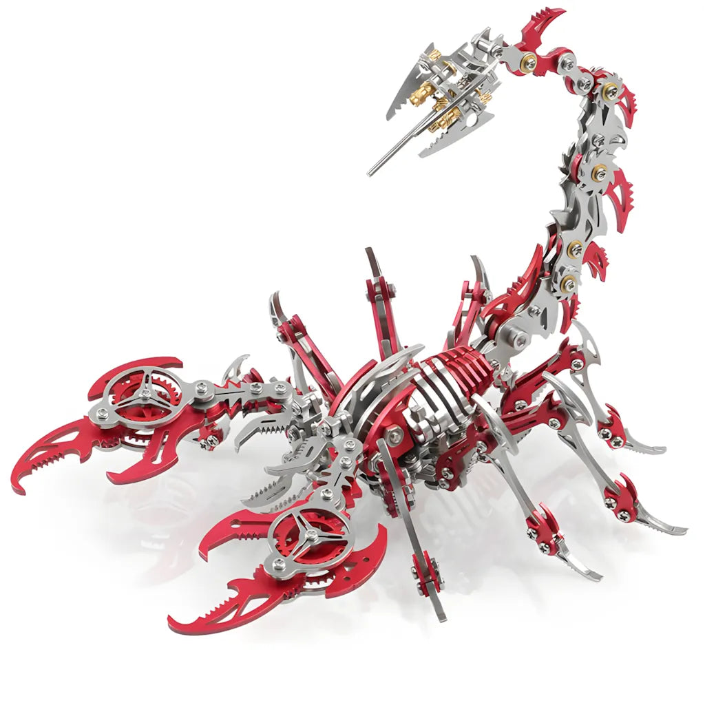 The Mechanical Scorpion 'Chrono' in a bold red color variant, designed as a decorative scorpion statue