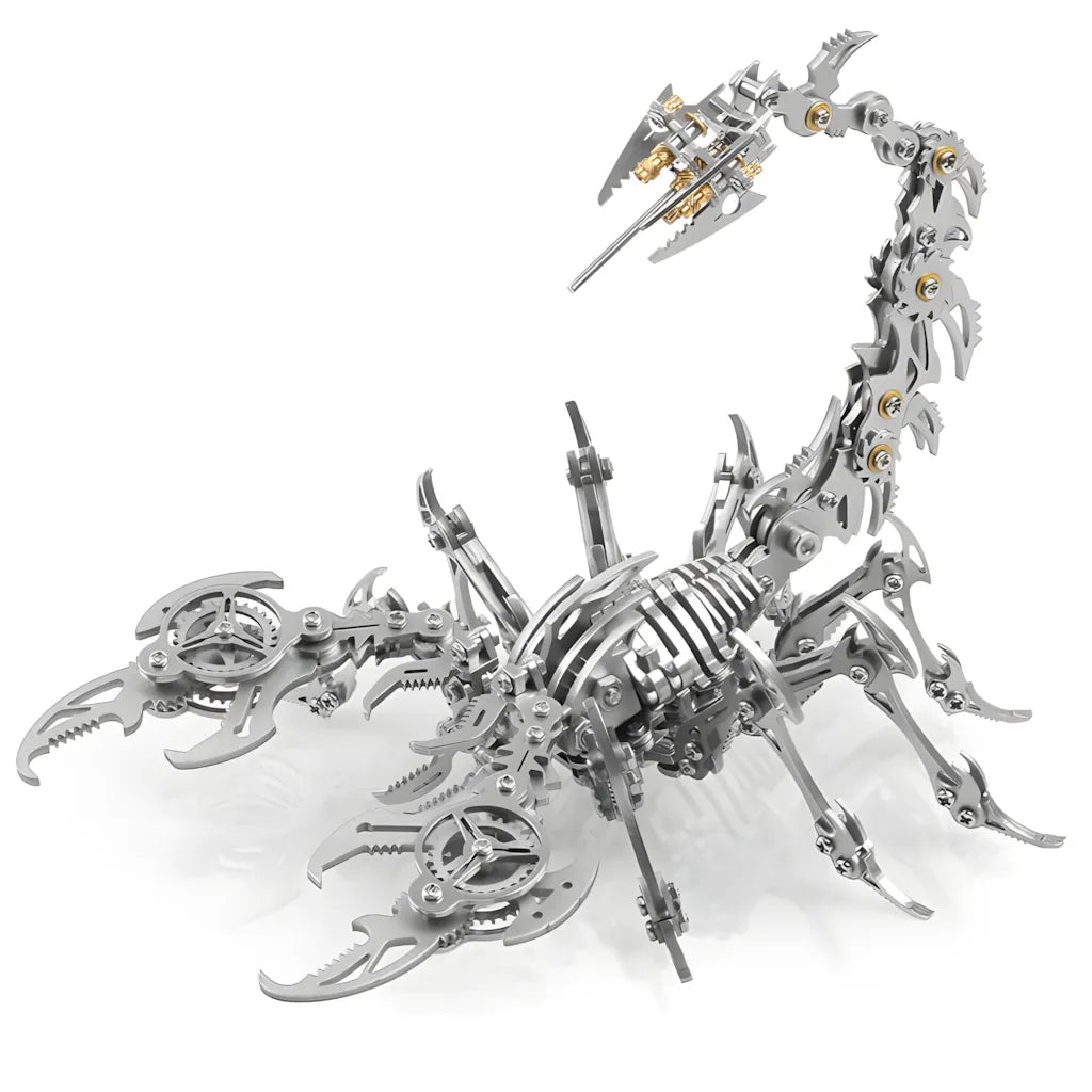 The scorpion figurine in a monochrome silver finish, highlighting the intricate 454-piece skeleton structure