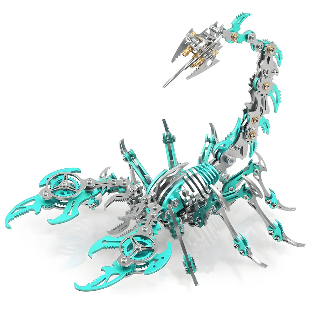 The Steampunk Scorpion in a vivid teal/cyan color variant, showcasing the complex mechanical legs and tail stinger
