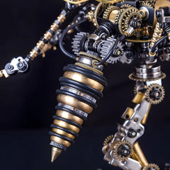 A close-up shot of the wasp's segmented abdomen, showing the detailed copper and gold-colored mechanical tail.