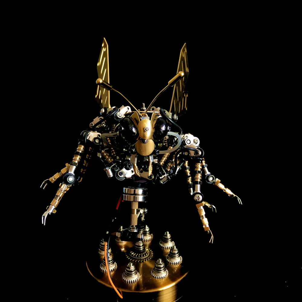 A front view of the Steampunk Wasp Lamp model, emphasizing its large brass antennae and overall imposing silhouette.