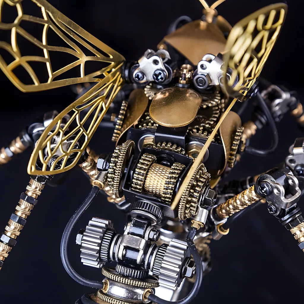 A detailed view of the filigree-style brass wings and intricate internal gearwork of the metal wasp puzzle