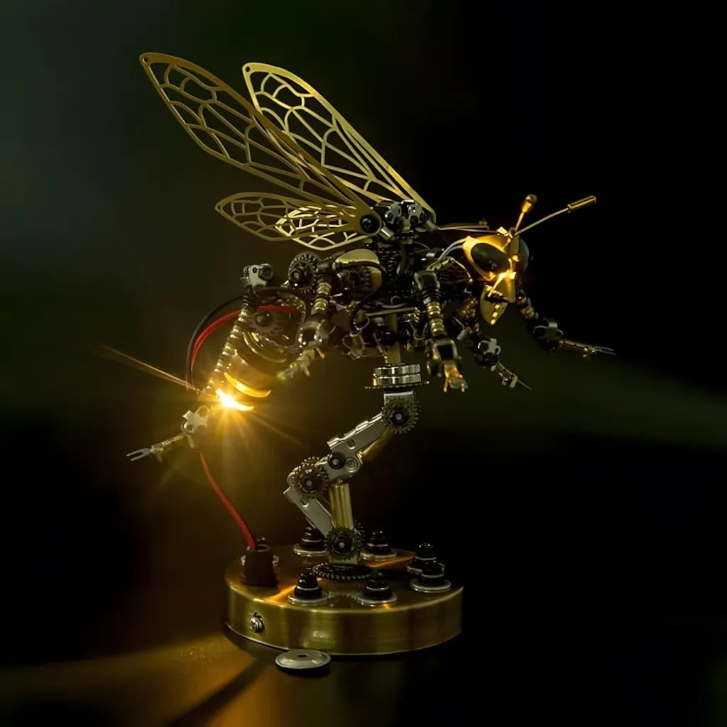 The Steampunk Wasp Lamp, a voice-controlled DIY kit, with its abdomen glowing on a black reflective surface