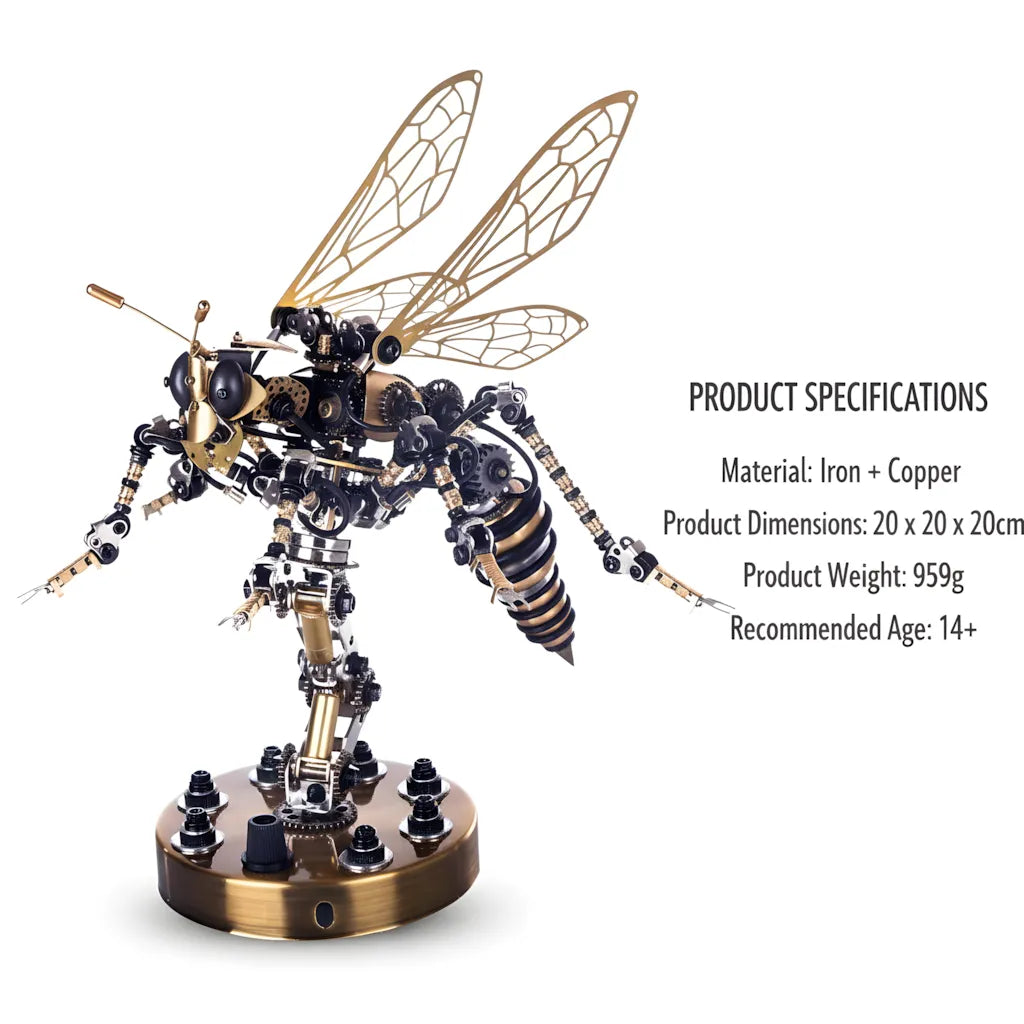 The assembled mechanical insect model with product specifications: Iron + Copper material, 959g weight, and 14+ recommended age