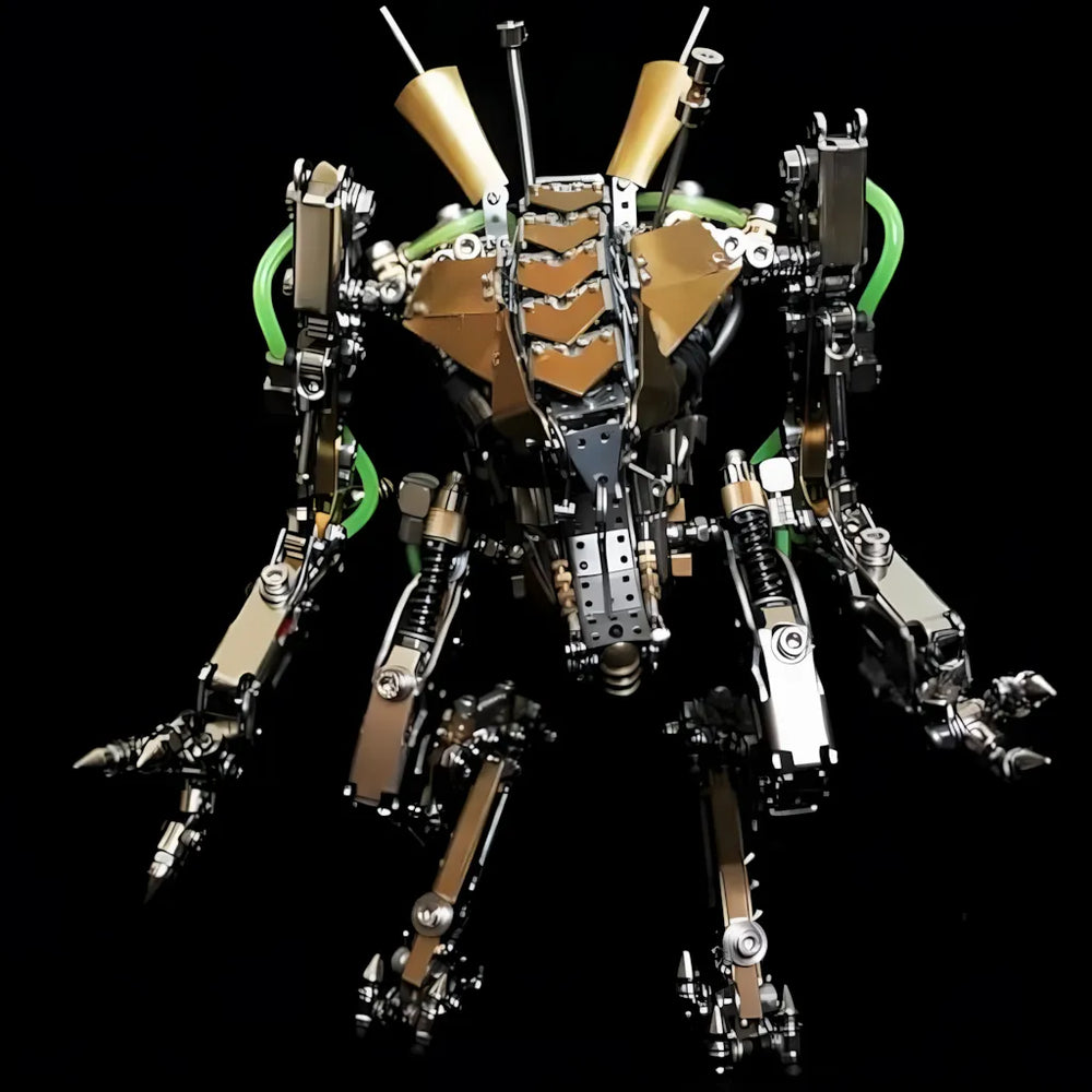 Close-up front view of the XIA-A mecha showing the layered brass front armor, copper components, and dynamic claws. 