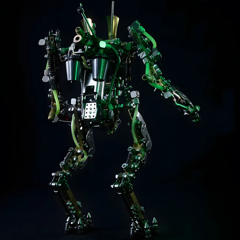 The XIA-A DIY robot model in a dynamic pose, showcasing the glowing green energy fluid pipes and the complex terminal ball joint structure.