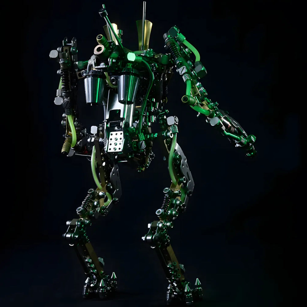 The XIA-A DIY robot model in a dynamic pose, showcasing the glowing green energy fluid pipes and the complex terminal ball joint structure.