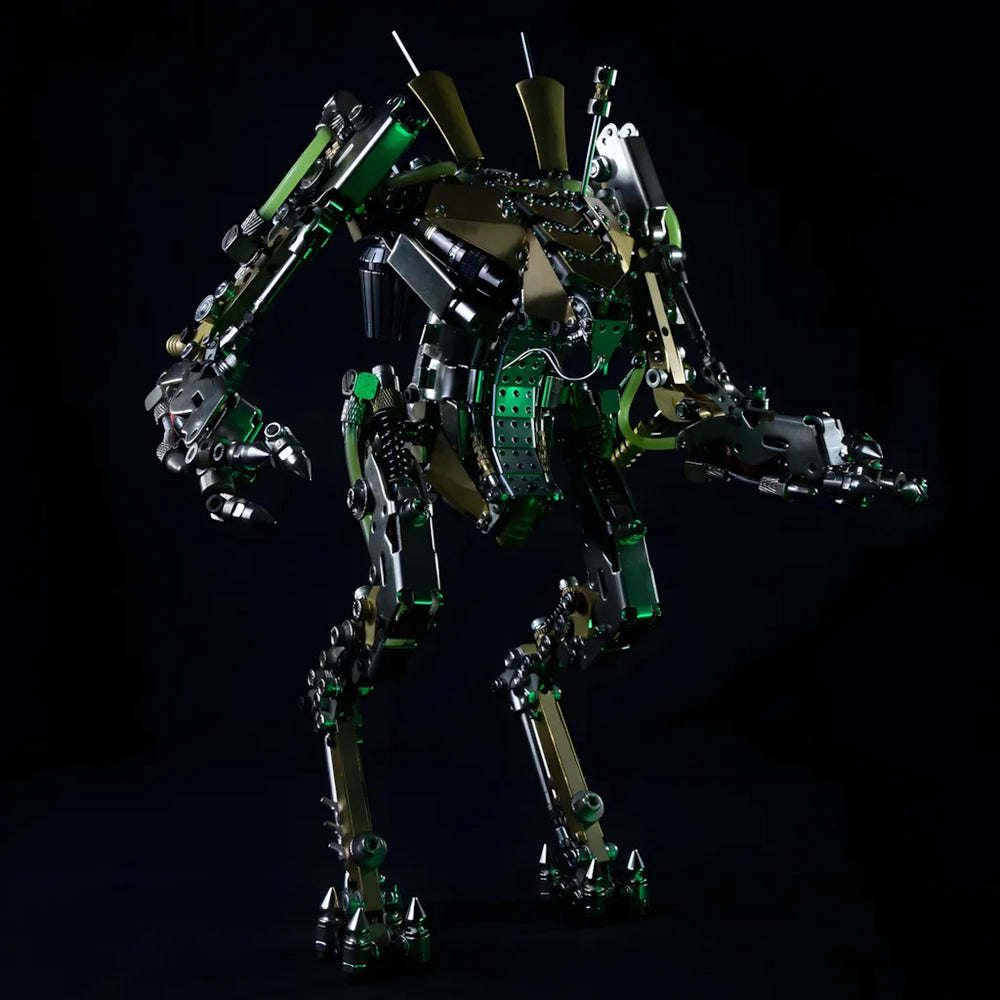 Rear three-quarter view of the XIA-A Tactical Mech with green LED energy pipes glowing, showcasing the complexity of the 1300+ piece DIY robot.