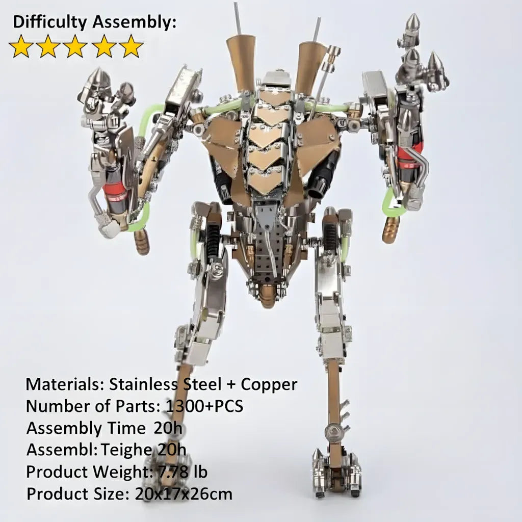 The XIA-A mech model displayed with its key specifications: 1300+ parts, Advanced difficulty (3/5 stars), 20-hour assembly, and 7.78 lb weight. 