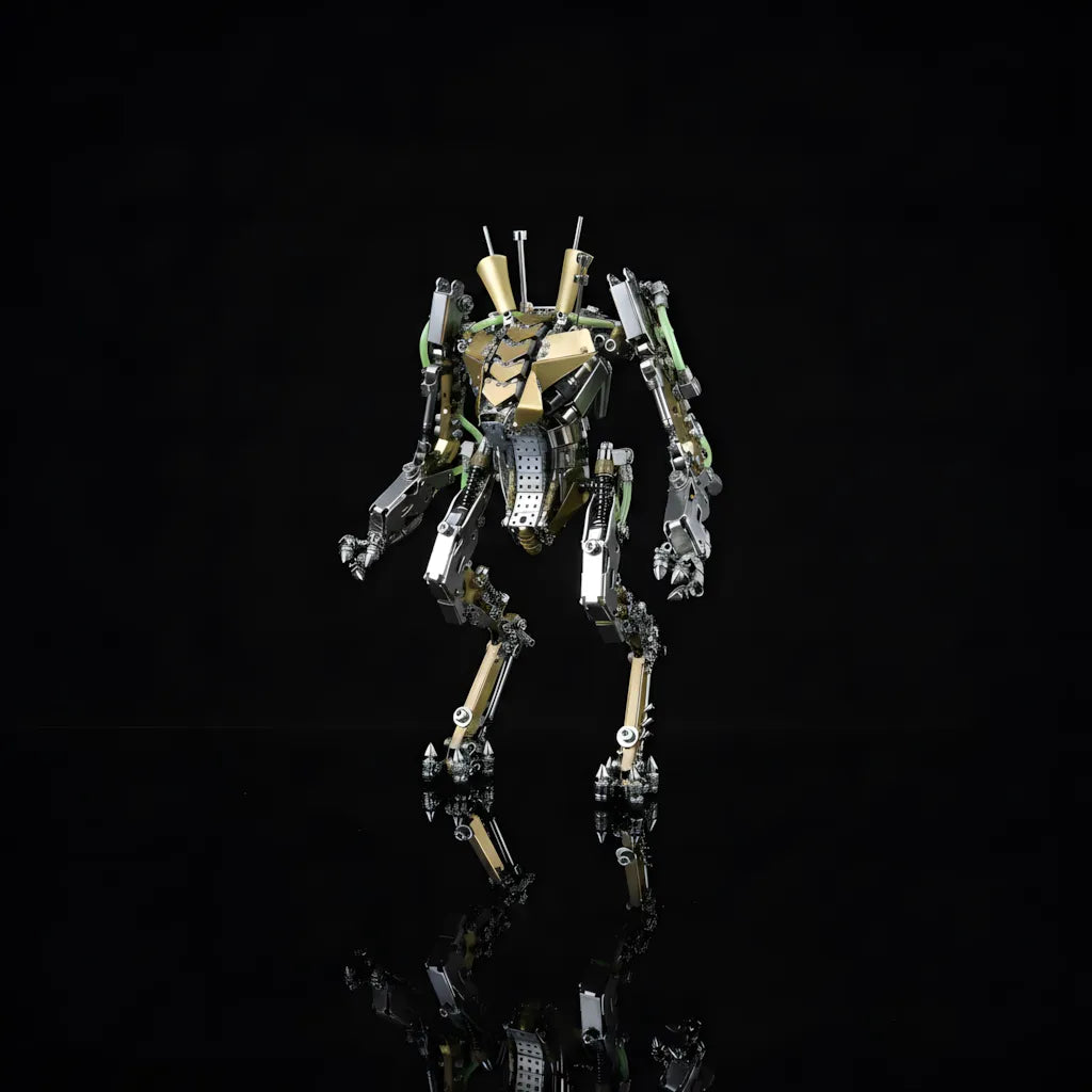 The XIA-A 1300-piece mecha robot on a black reflective background, showcasing its articulated limbs and detailed chassis.