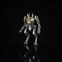 The XIA-A 1300-piece mecha robot on a black reflective background, showcasing its articulated limbs and detailed chassis.