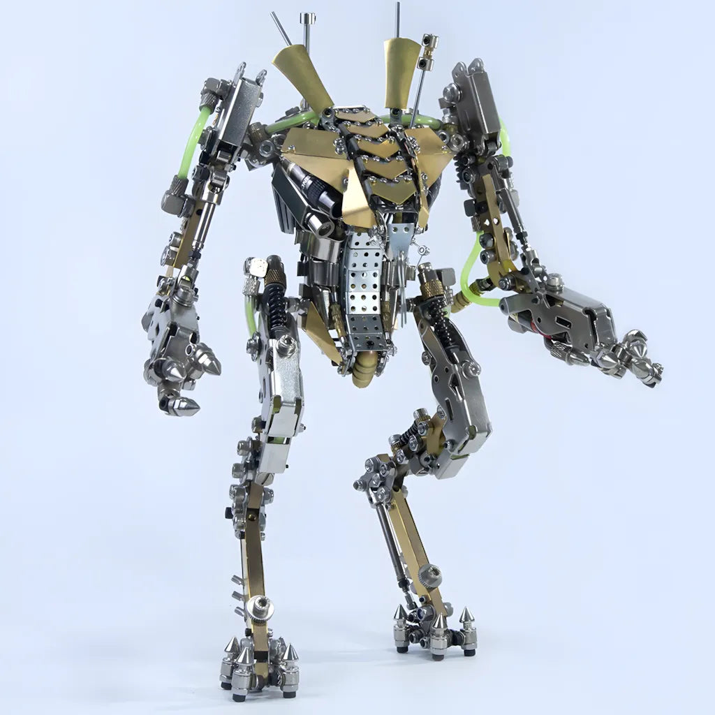 The XIA-A Tactical Mech model kit assembled, front view against a white background, highlighting the stainless steel and copper armor.
