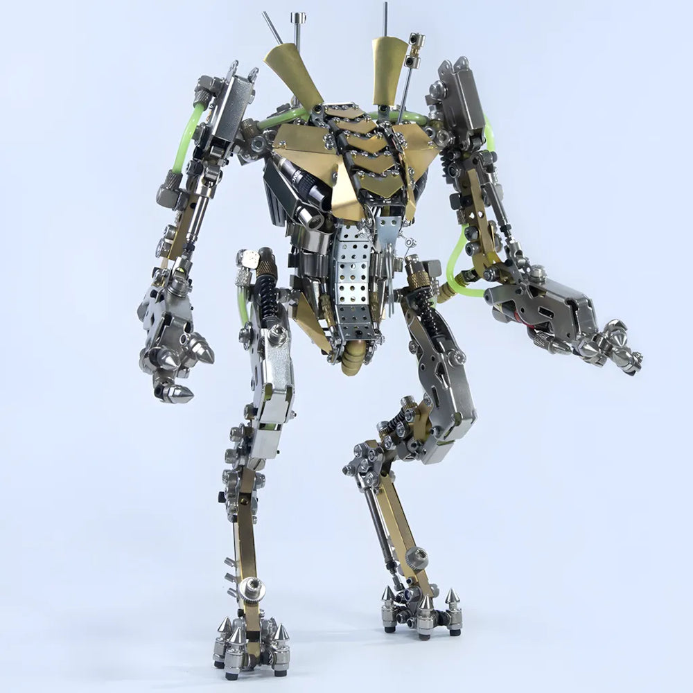 The XIA-A Tactical Mech model kit assembled, front view against a white background, highlighting the stainless steel and copper armor.